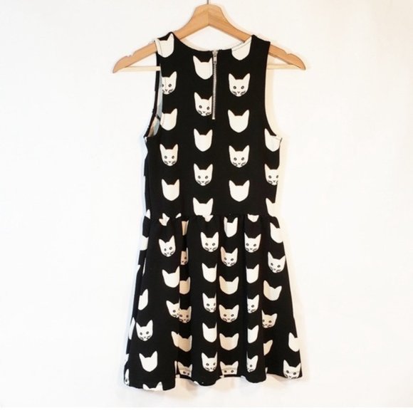 H&M Black Cat Print Mini Skater Dress - Size XS - Picture 2 of 3